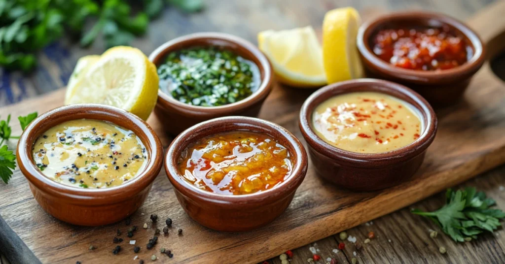 Four variations of seafood boil sauces in small bowls with garnishes