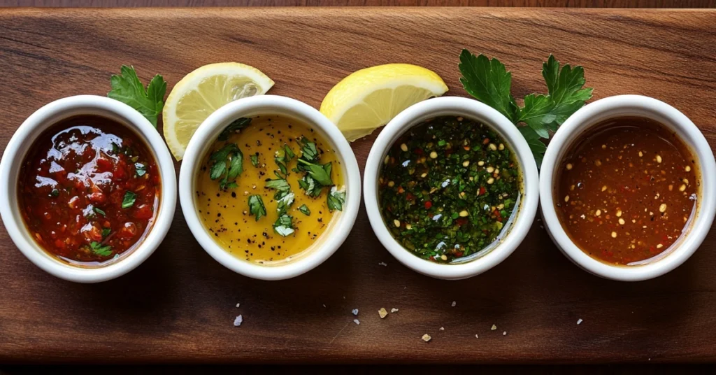 A display of four seafood boil sauce variations in bowls, each garnished with herbs, lemon slices, and spices