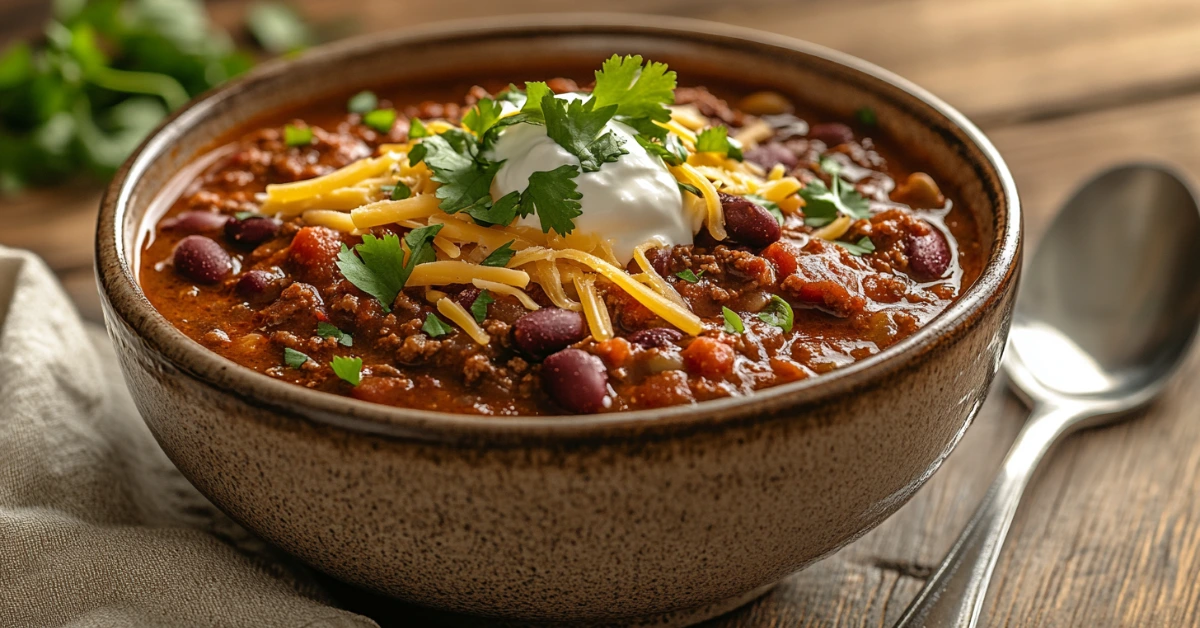 Steaming bowl of venison chili with fresh garnishes