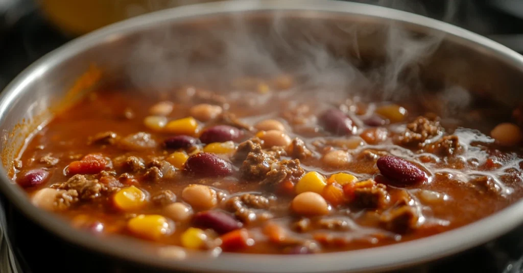 Pot of venison chili simmering on a stovetop.