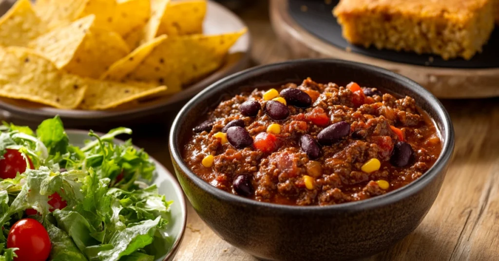 Venison chili served with cornbread, tortilla chips, and a green salad.