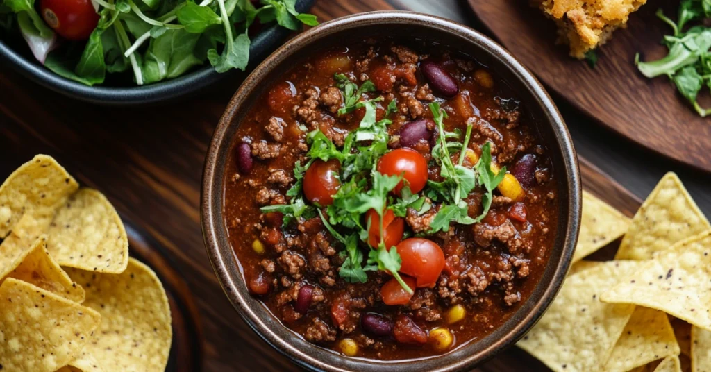 A hearty bowl of venison chili paired with cornbread, crispy tortilla chips, and a vibrant green salad.