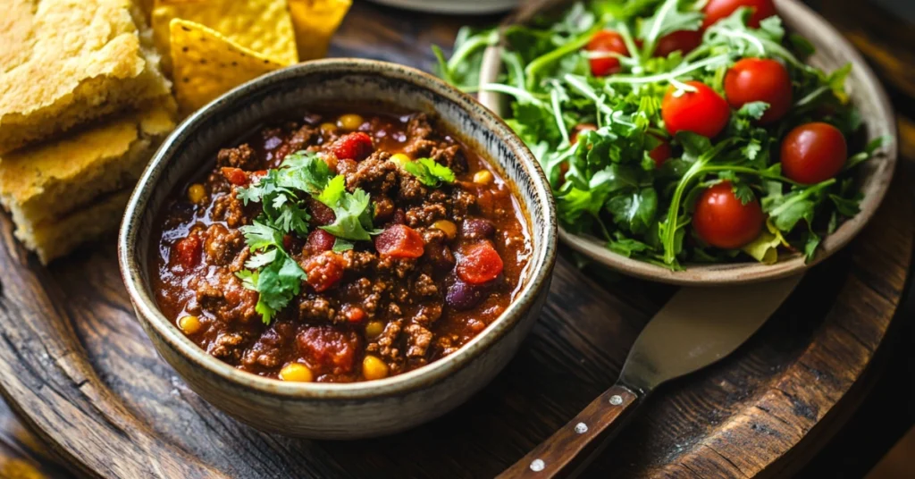 Venison paired with warm cornbread, crunchy tortilla chips, and a fresh green salad.