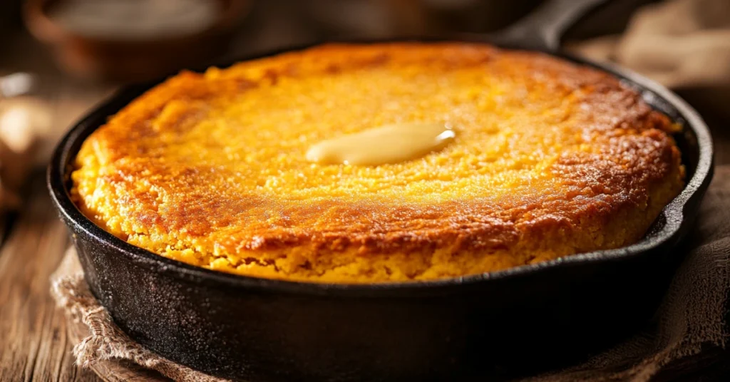 Golden Southern cornbread in a cast-iron skillet.