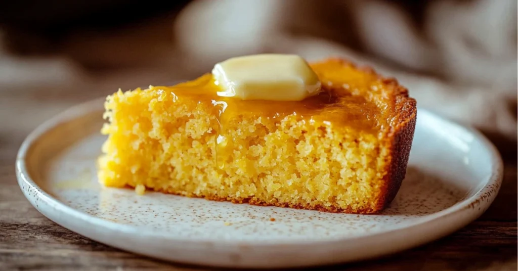 A slice of cornbread with melted butter.