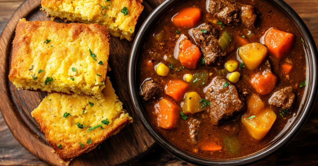 Cornbread served with a bowl of stew.