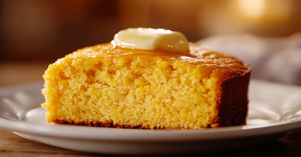 Slice of Southern cornbread topped with melted butter.