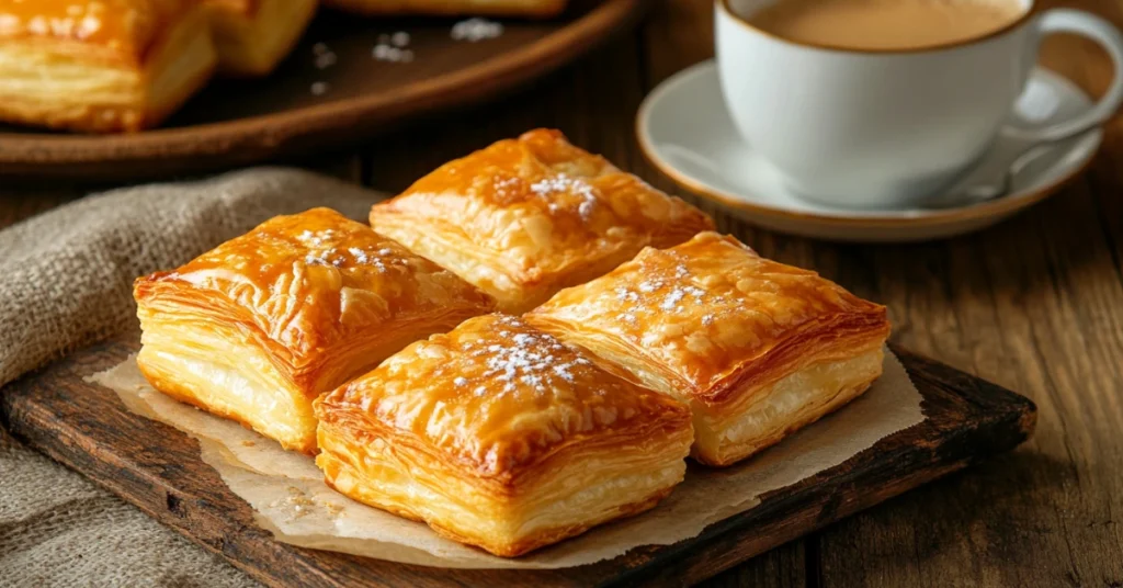 Golden, flaky Gipfeli pastries with a cup of coffee on a rustic table