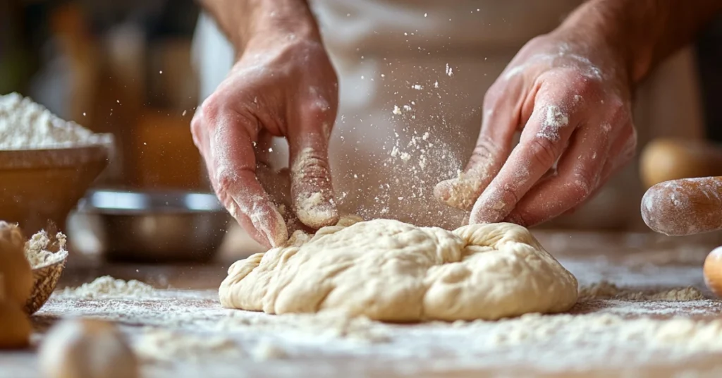 Hands kneading soft Gipfeli dough on a floured surface