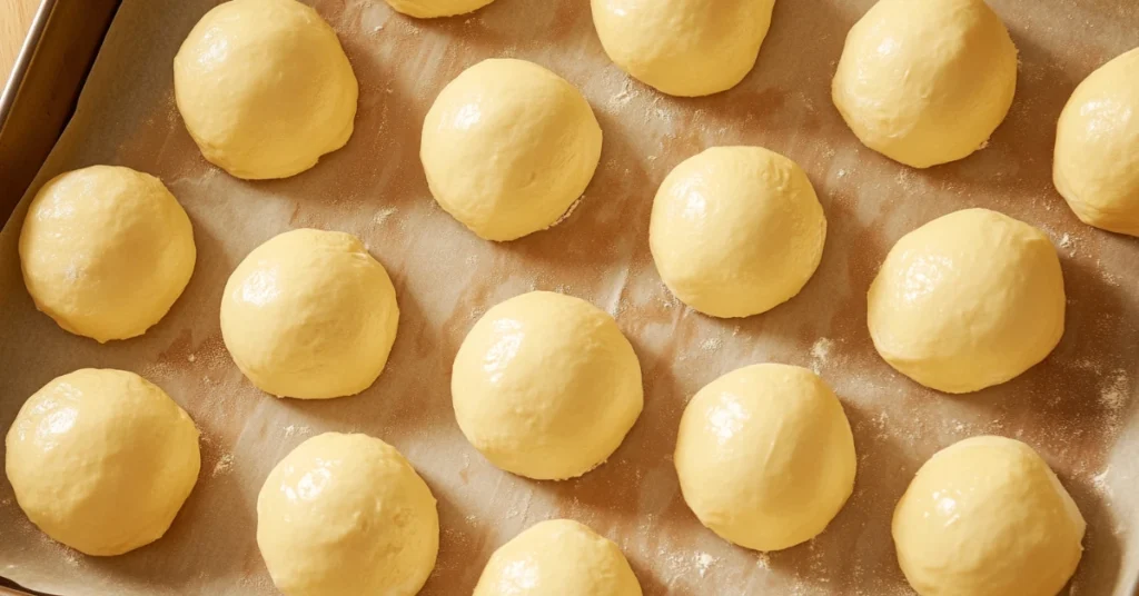 Unbaked Gipfeli arranged on a parchment-lined tray before proofing