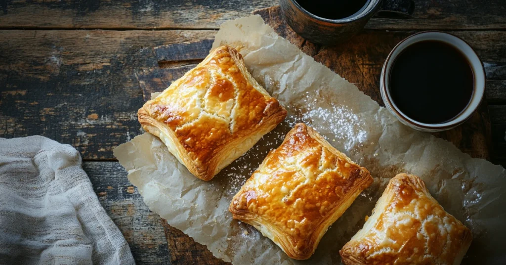 Delicious golden Gipfeli pastries served with coffee on a rustic wooden table