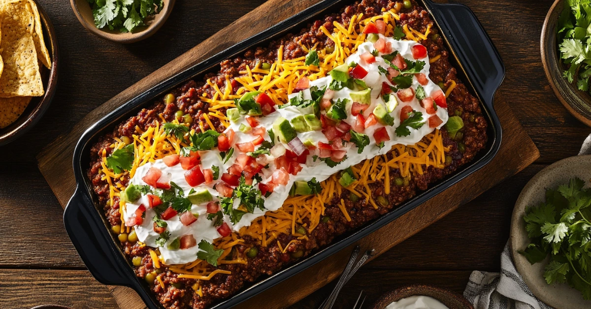 Layered taco dip with vibrant toppings in a glass dish surrounded by tortilla chips