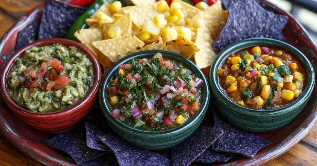 Three customized taco dip variations with creative toppings and unique dippers.