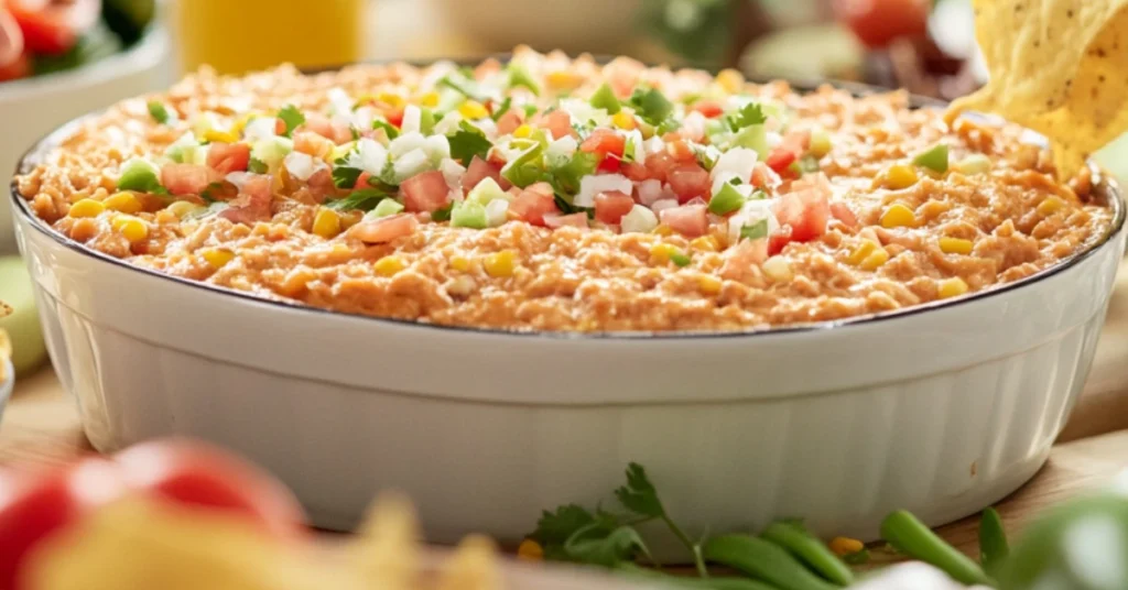 Taco dip served as a party centerpiece with chips and vegetables on a festive table