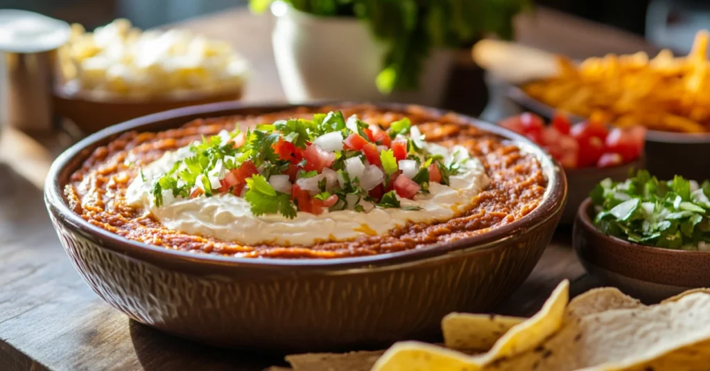 Vibrant taco dip with distinct layers in a glass dish, garnished with fresh toppings and surrounded by tortilla chips.