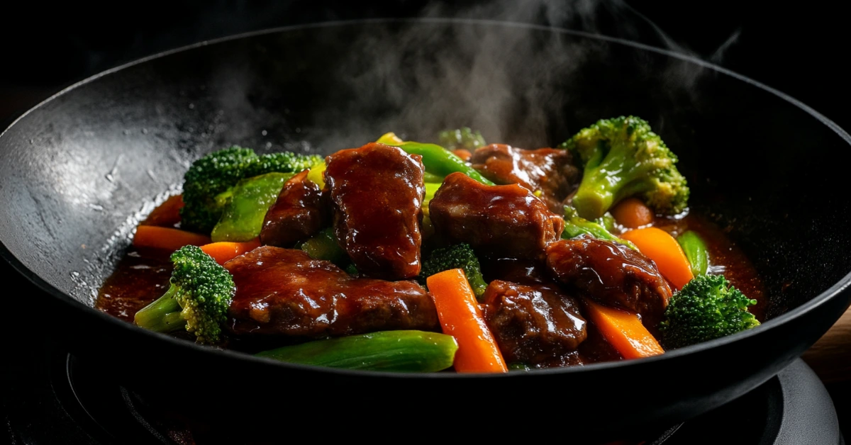 Beef stir-fry in a wok with colorful vegetables and glossy sauce