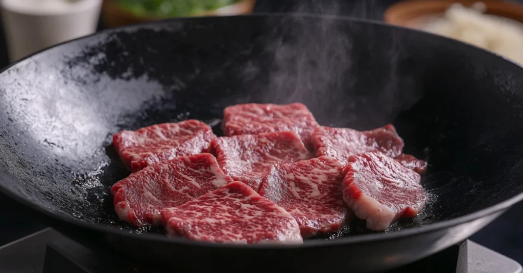 Thin beef slices searing in a hot wok with a golden-brown crust