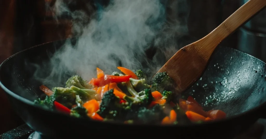 Fresh vegetables stir-frying in a wok with vibrant colors