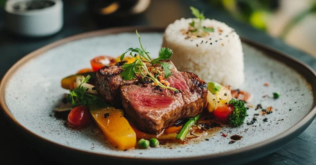 Beef stir-fry served on a plate with sesame seeds, scallions, and rice