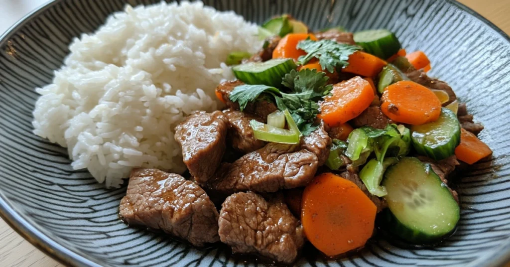 A delicious beef stir-fry garnished with sesame seeds and scallions, served with steamed rice on a ceramic plate.