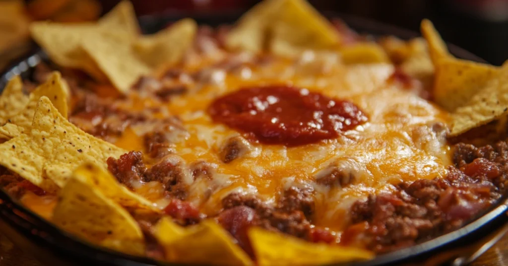 A creamy bowl of Rotel Dip surrounded by tortilla chips on a wooden table