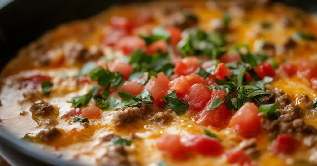 Melted cheese, Rotel tomatoes, and ground beef cooking in a skillet on a stovetop