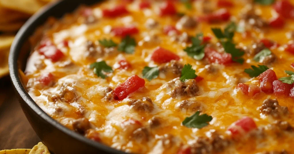 Rotel Dip ingredients, including cheese, Rotel tomatoes, and ground beef, melting together in a skillet on a stovetop.