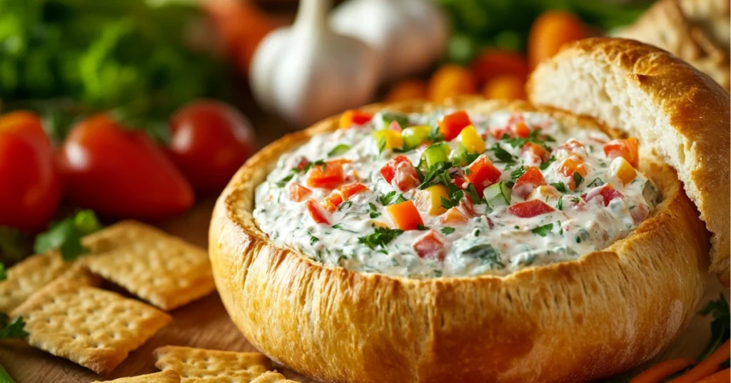 Rotel Dip served in a hollowed-out bread bowl with fresh vegetables and crackers on the side