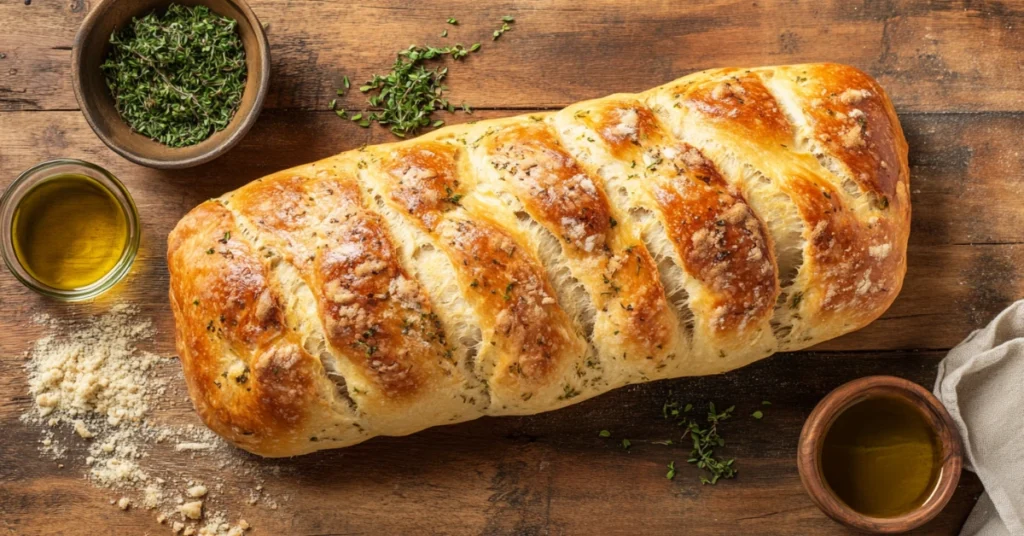 Rustic Italian bread with a golden crust on a wooden table.