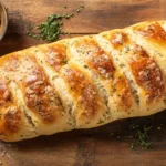 Rustic Italian bread with a golden crust on a wooden table.