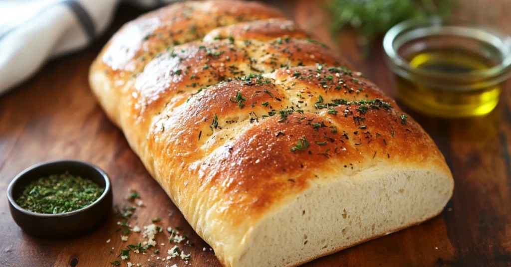 Freshly baked Italian bread with a golden crust resting on a rustic wooden table.