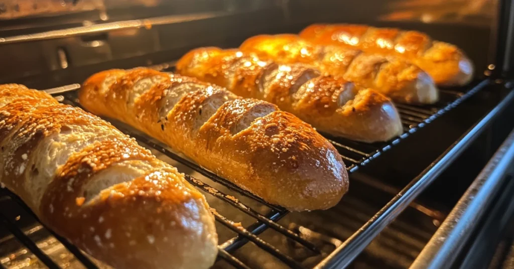 Italian bread baking in the oven with a golden crust.