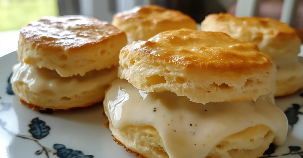 Golden biscuits topped with creamy white gravy garnished with black pepper.