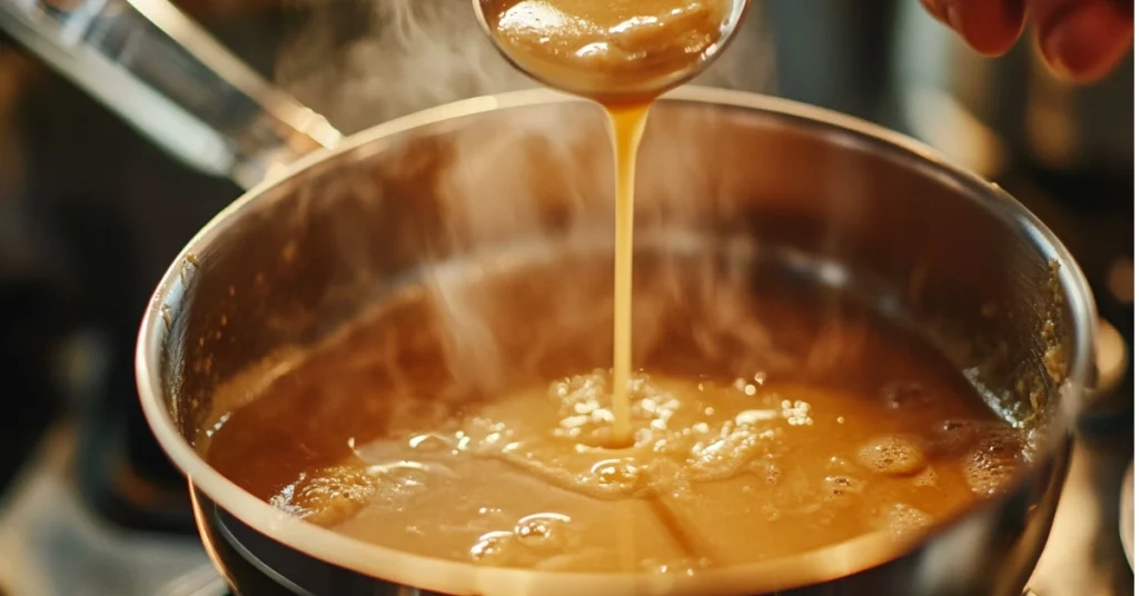 A saucepan with butter and flour being whisked into a smooth golden roux