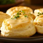 Flaky golden biscuits drizzled with rich white gravy and sprinkled with freshly ground black pepper.