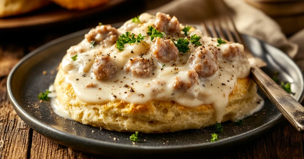 Sausage gravy with crumbled sausage served over fluffy biscuits.