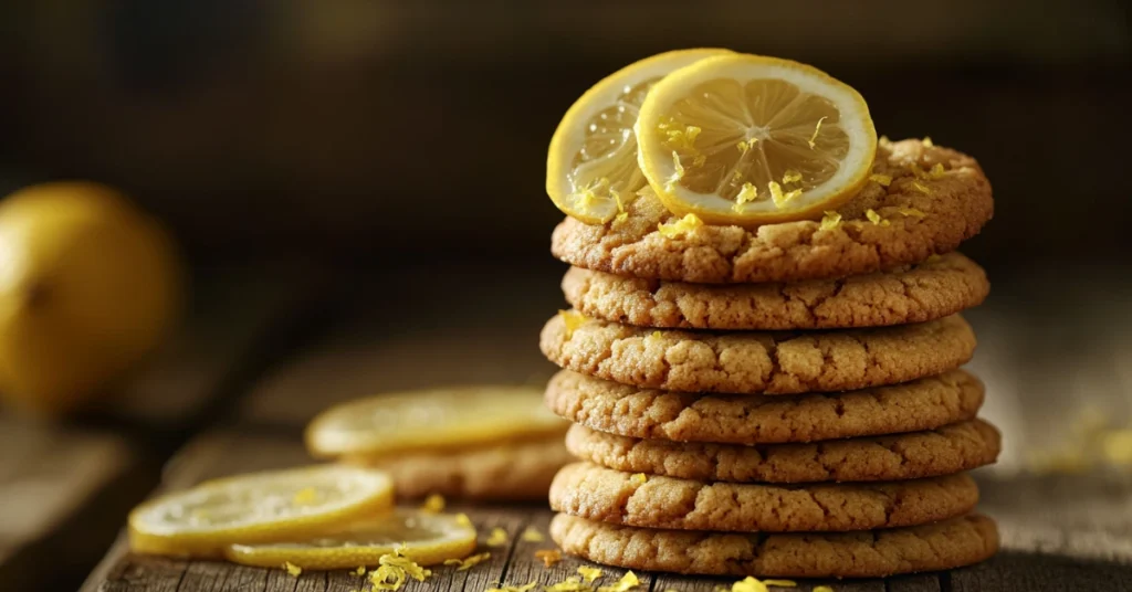 A stack of freshly baked lemon cookies with a lemon garnish.