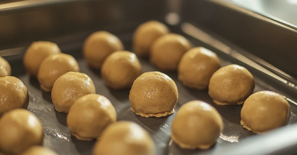 Chilled cookie dough balls ready for baking.