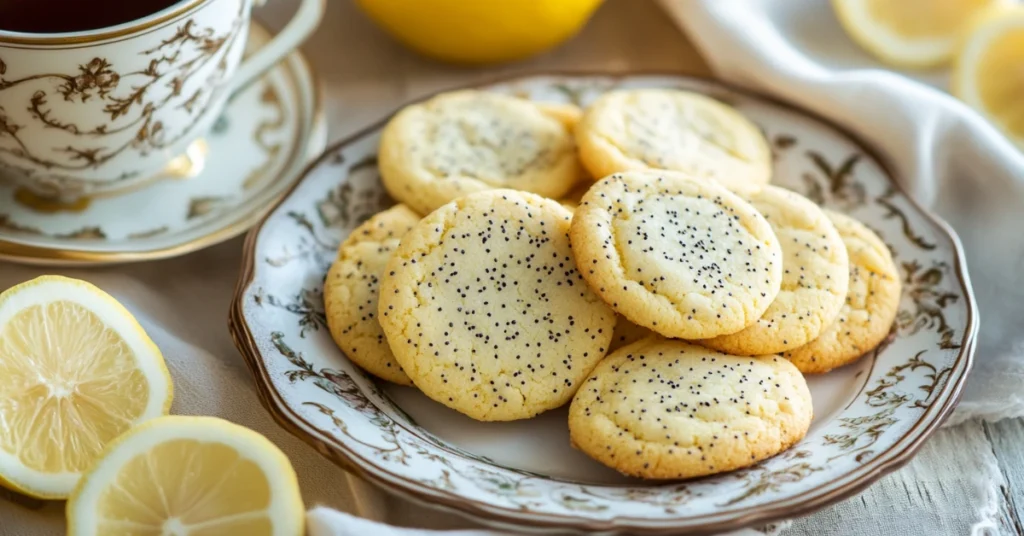 Lemon poppy seed cookies arranged on a serving plate.