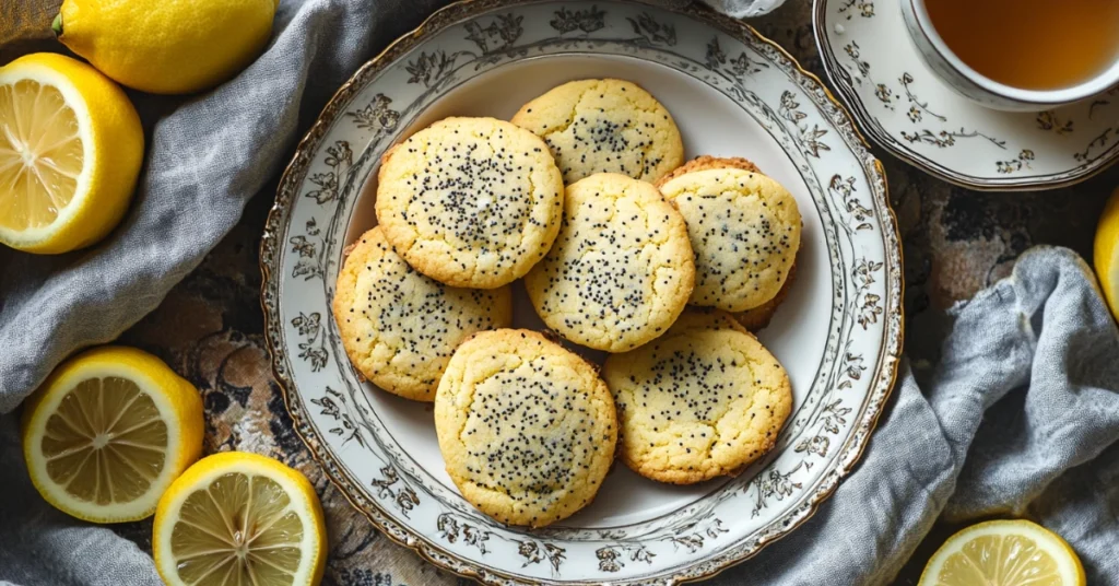 olden lemon poppy seed cookies neatly placed on a decorative serving plate.