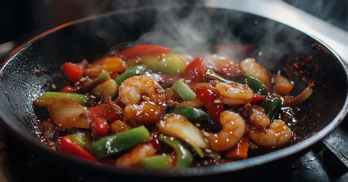 A colorful shrimp stir fry served on a white plate