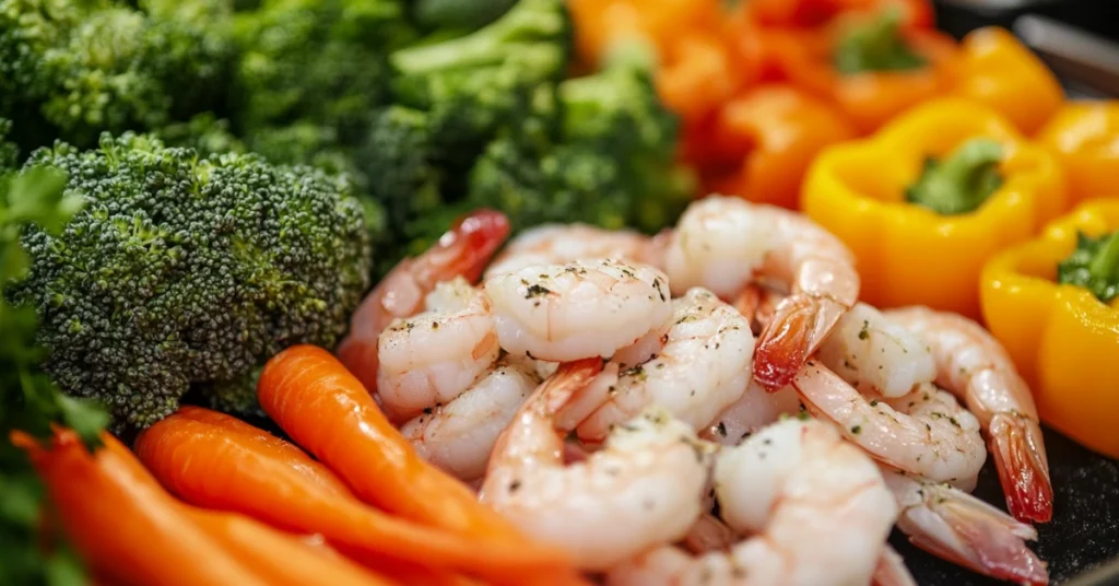 Fresh ingredients for a shrimp stir fry recipe on a wooden cutting board.