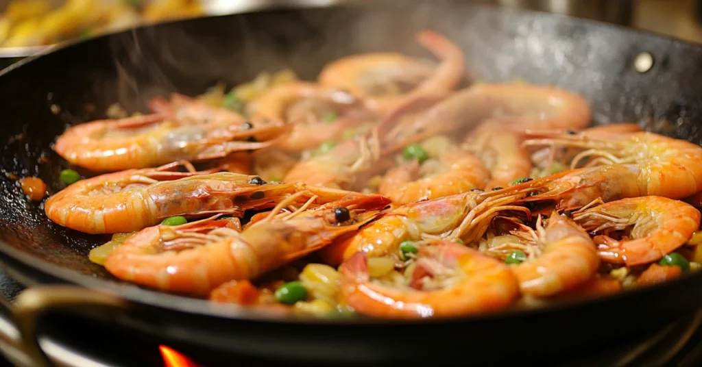 A sequence of shrimp being cooked and tossed with vegetables in a wok.