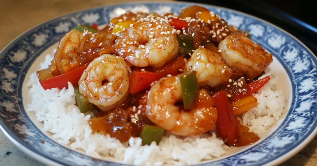 A plated shrimp stir fry served with steamed rice and sesame seeds.