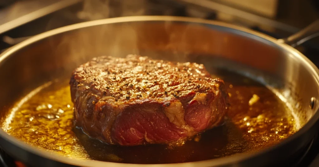 Ribeye roast being seared in a pan