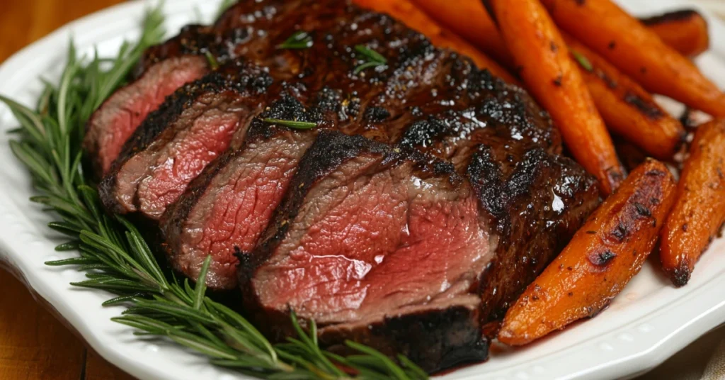 Sliced ribeye roast on a serving platter