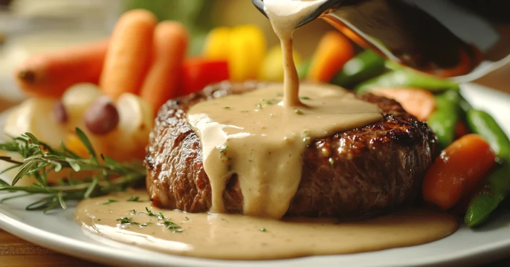 Gravy being poured over a ribeye roast slice