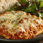 Baked ziti served with salad and garlic bread.