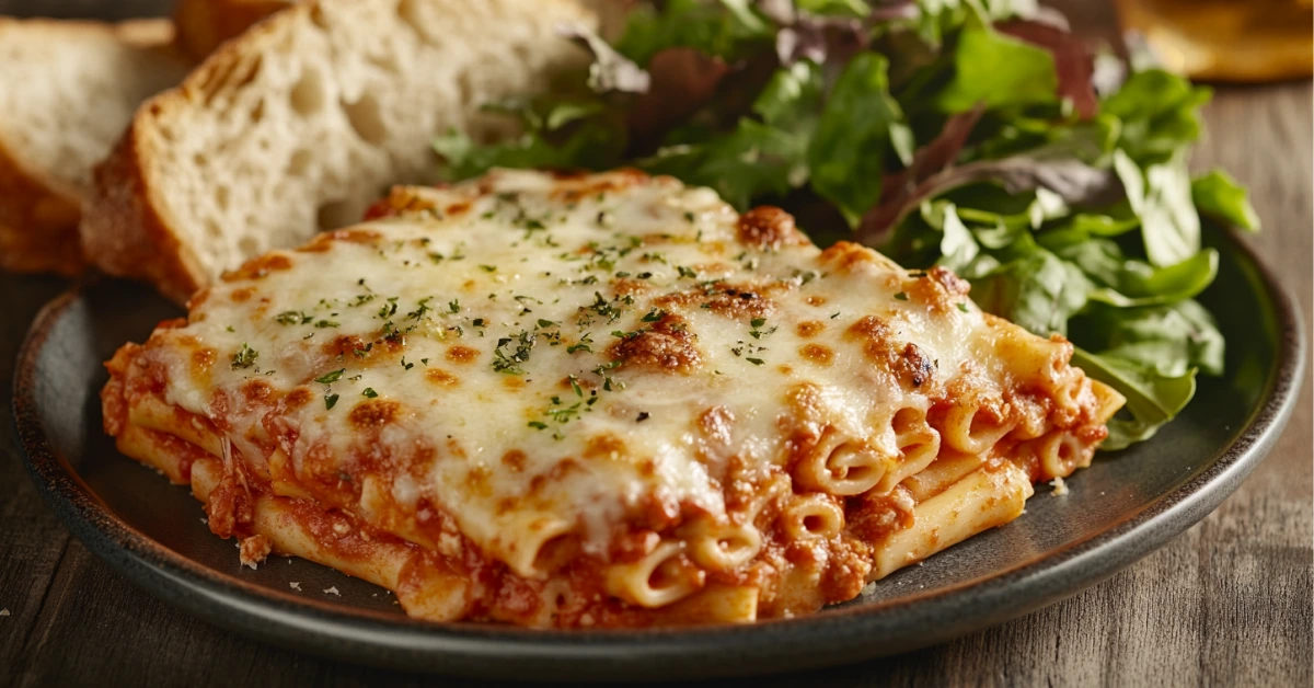 Baked ziti served with salad and garlic bread.