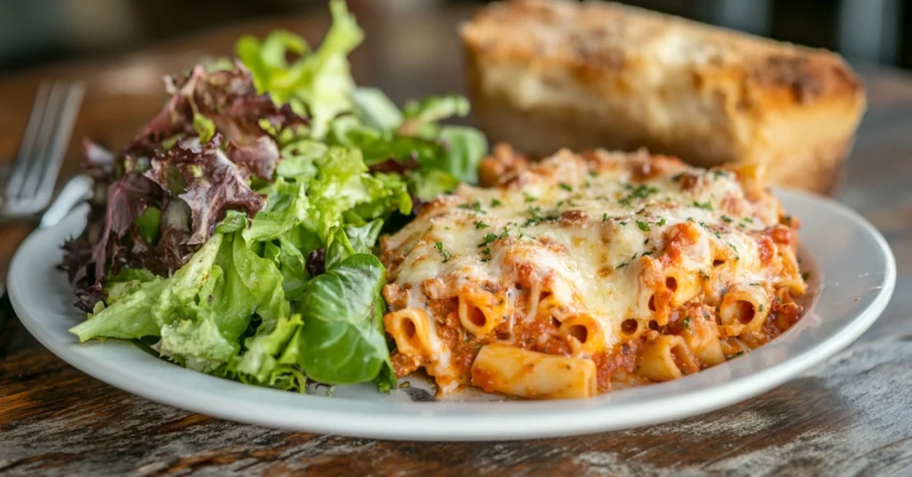 A plate of baked ziti paired with a garden salad and garlic bread.